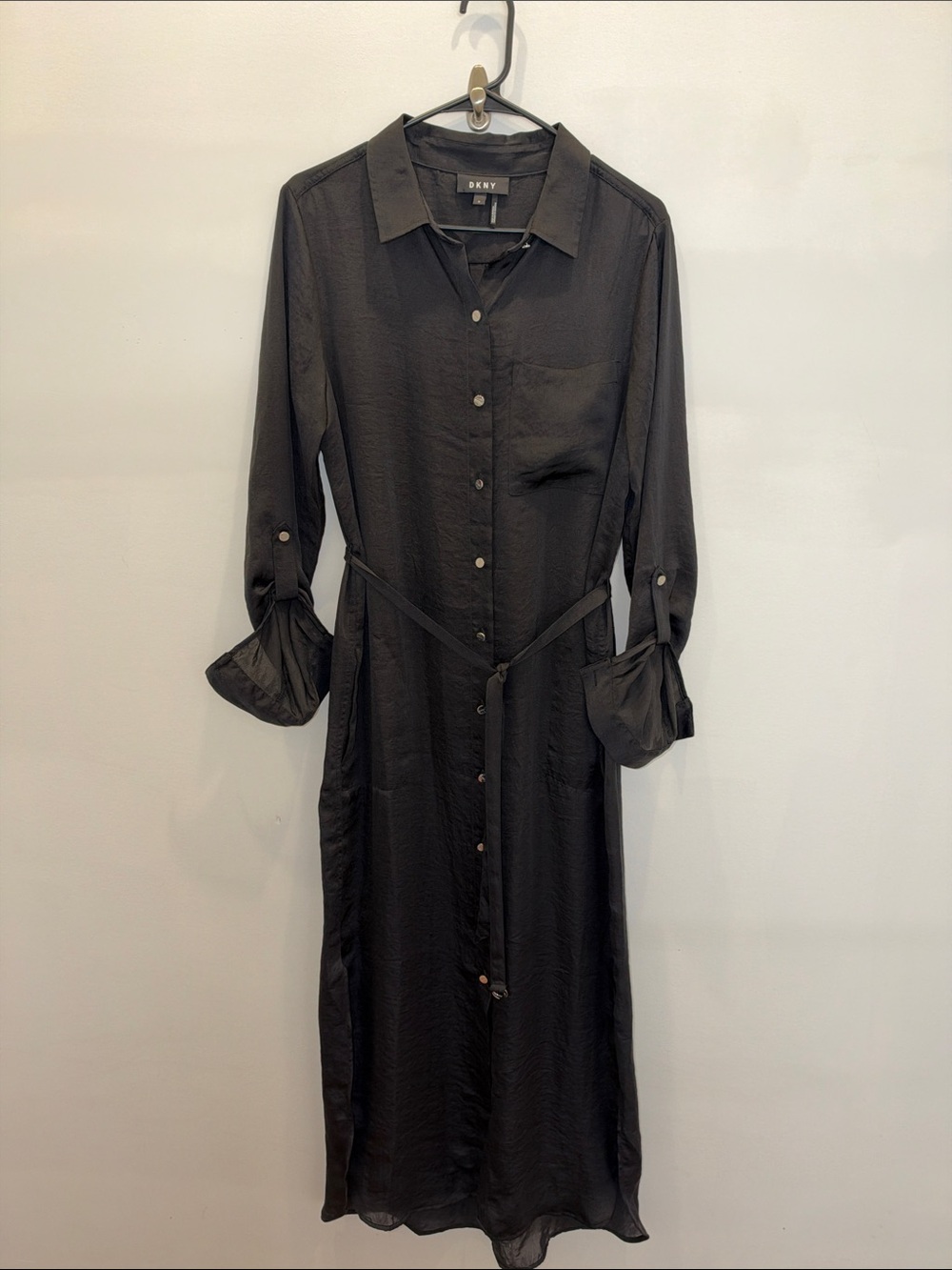 DKNY Black Long-Sleeve Button Shirt Dress with Self-Tie Waist